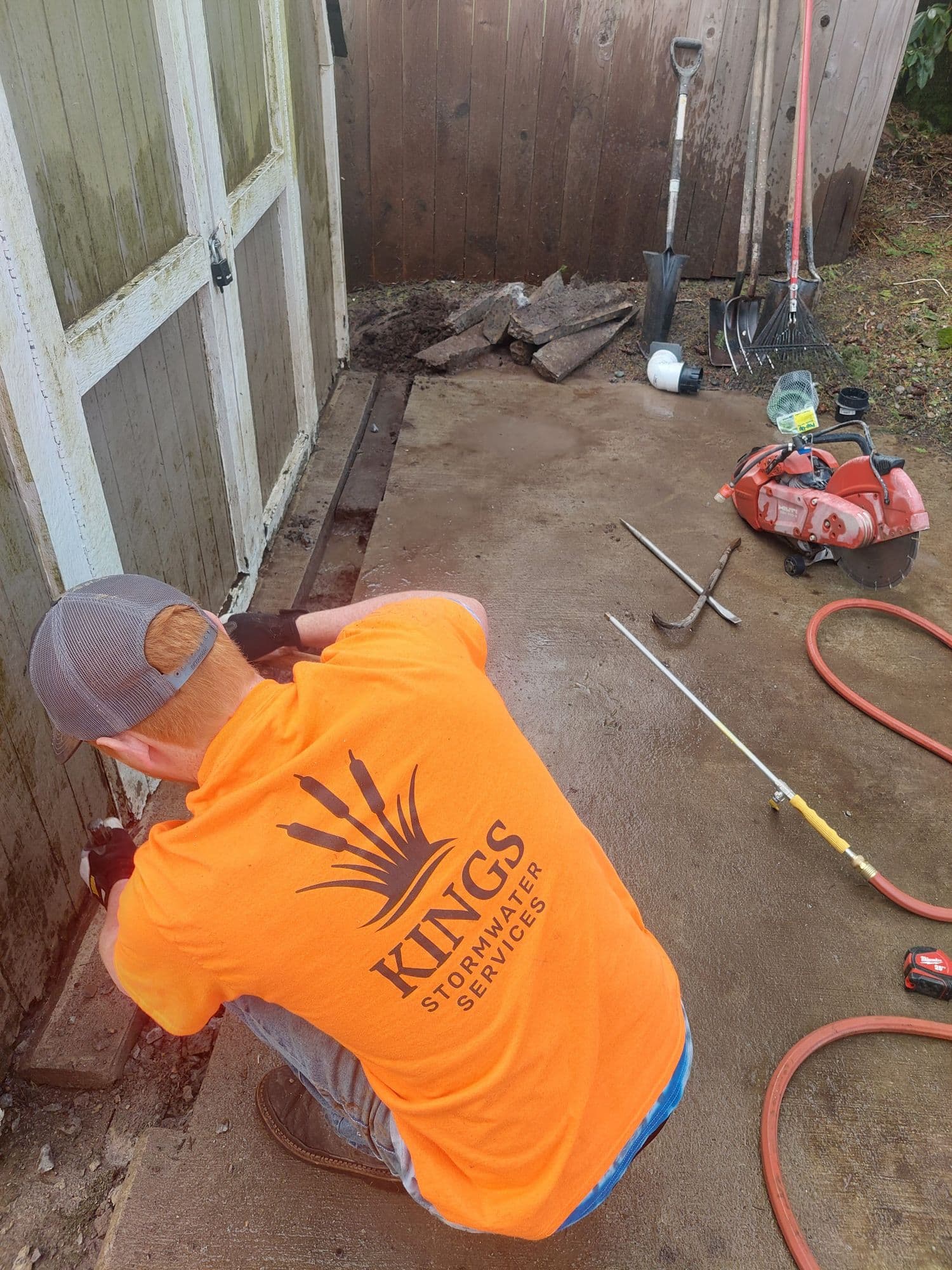 French drain system during installation